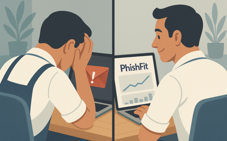 A split image showing a worried small business owner looking stressed while viewing a suspicious email on a laptop on one side, contrasted with a confident, relaxed owner looking at a clean OutPhish dashboard showing positive trend graphs on the other side. Style: Modern, professional illustration.
