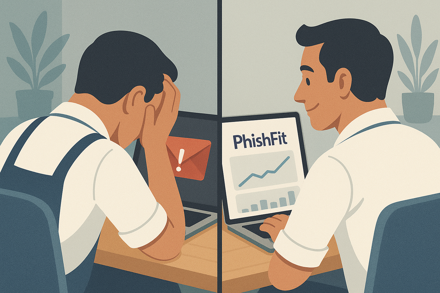 A split image showing a worried small business owner looking stressed while viewing a suspicious email on a laptop on one side, contrasted with a confident, relaxed owner looking at a clean OutPhish dashboard showing positive trend graphs on the other side. Style: Modern, professional illustration.