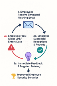  clean, professional infographic illustrating OutPhish's iterative training loop. The main flow is circular, emphasizing the ongoing process. Start with "1. Employees Receive Simulated Phishing Email" (illustrated with an envelope icon). This branches to two possibilities: "2a. Employee Fails: Clicks Link/Enters Data" (represented by a warning icon and a red arrow). This leads to "3a. Immediate Feedback & Targeted Training" (a lightbulb icon), and then back to step 1. The second branch from step 1 is "2b. Employee Succeeds: Recognizes & Reports" (a checkmark icon and a green arrow). This also loops back to step 1, but perhaps with a slightly less prominent arrow or a note indicating increased difficulty. Text labels highlight the key actions at each stage. Include a final state: "4. Improved Employee Security Behavior" at the bottom with a trophy icon.