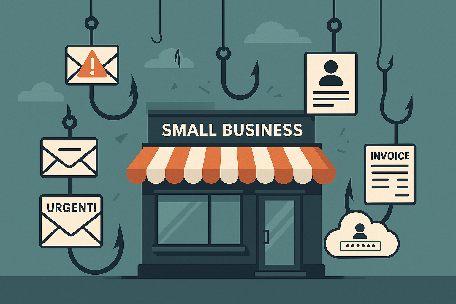 A small business storefront (e.g., café, consultancy, or office) surrounded by ominous phishing hooks and scam emails floating around it. Tone: Serious but accessible. Style: Clean, modern, with muted but professional colour palette. Aim: Instantly show that small businesses are the target of attacks, not large corporations