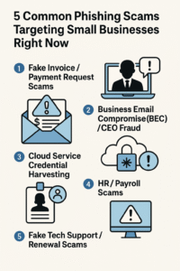 A circular or vertical flowchart. Each scam type (Invoice Scam, CEO Fraud, Credential Theft, HR Scam, Fake Tech Support) sits in its own segment with: 1. a simple icon (e.g., fake invoice, silhouette of a boss, cloud login page, HR file, fake pop-up), 2. a very short title, 3. 1–2 word key red flags (e.g., "Urgent Payment", "Odd Tone", "Fake Login", "Personal Info", "Fake Renewals"). Style: Crisp, easy to skim, using icons to aid memory. Tone: Professional but highly readable