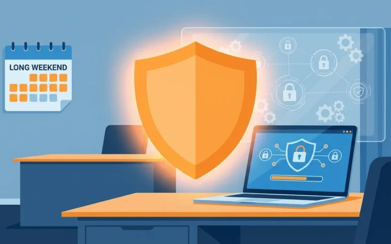 Small business owner reviewing security checklist on laptop before holiday weekend closure