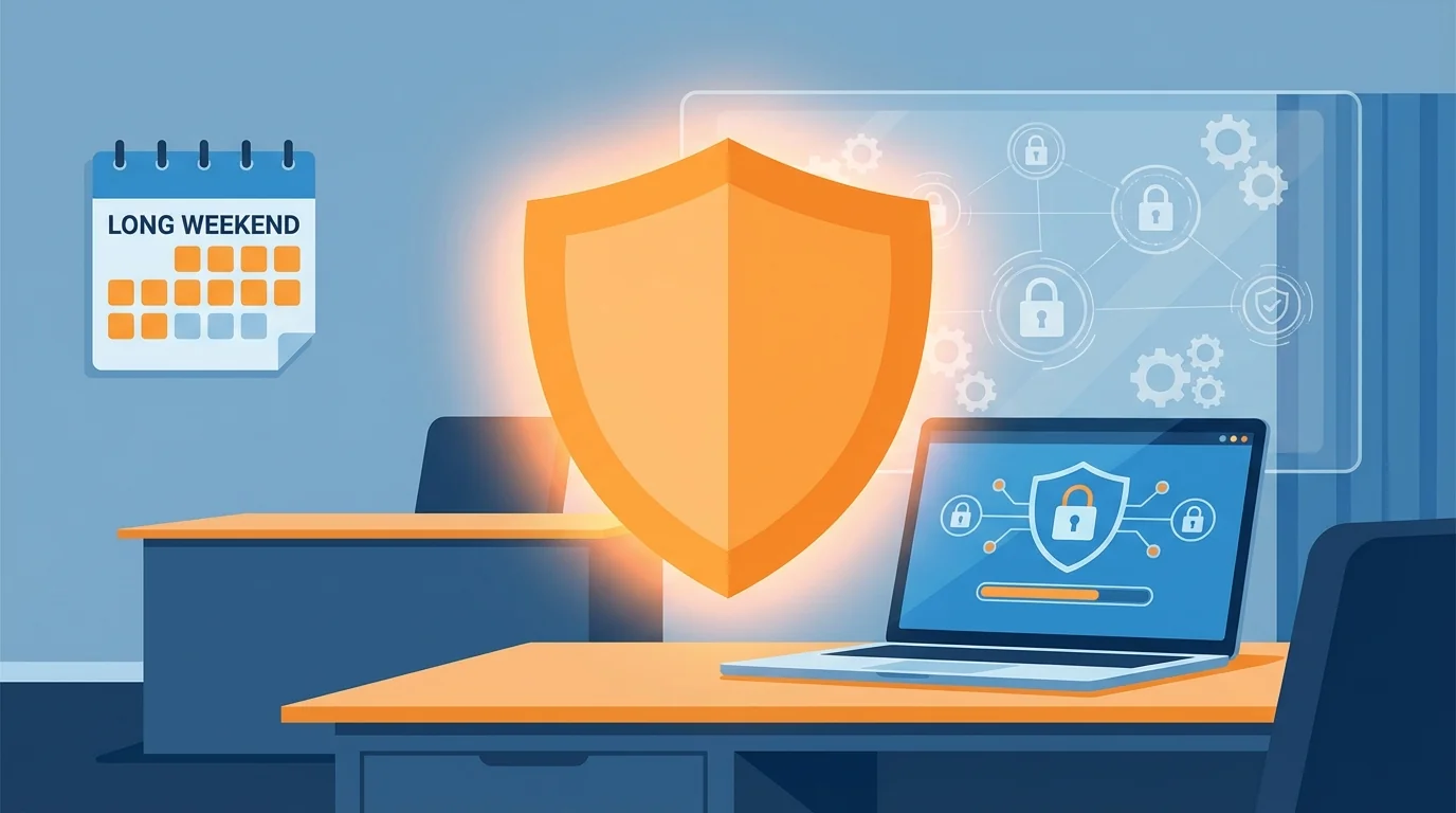 Small business owner reviewing security checklist on laptop before holiday weekend closure