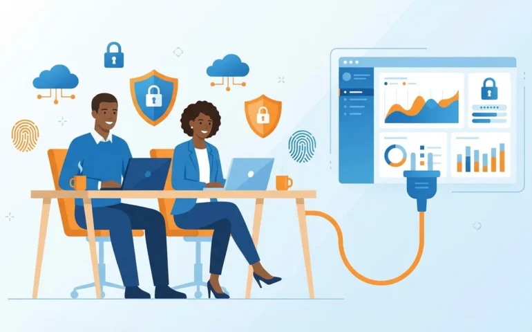 Small business owner setting up automated phishing simulation software on a laptop in a modern office.