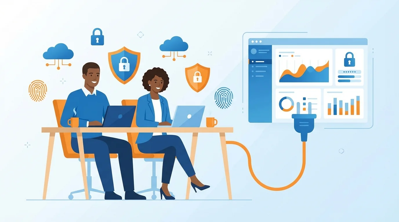 Small business owner setting up automated phishing simulation software on a laptop in a modern office.