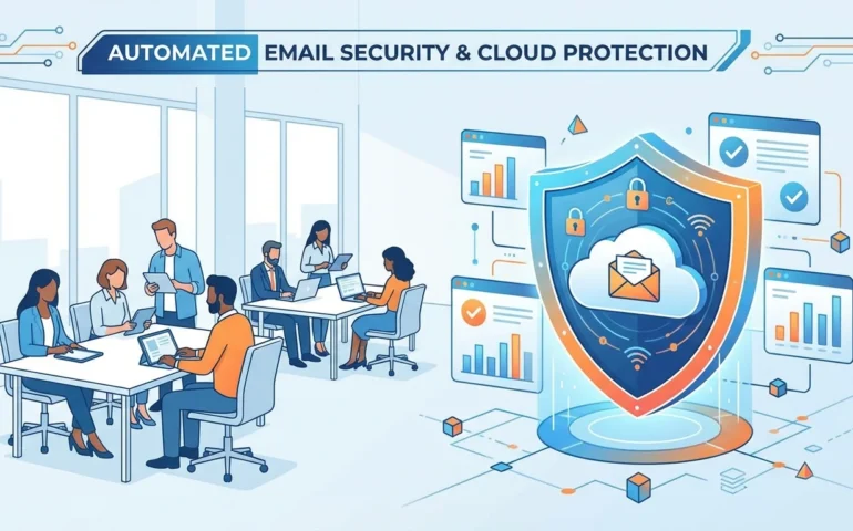 A small business owner looking at a secure cloud dashboard on a laptop in a clean, modern office setting.