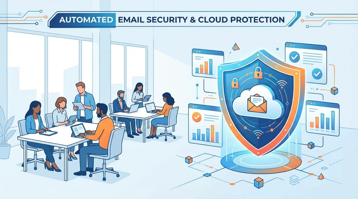 A small business owner looking at a secure cloud dashboard on a laptop in a clean, modern office setting.