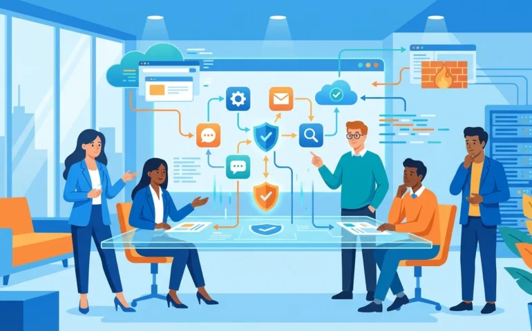 Small business owner reviewing security checklist on laptop with login screen visible in background