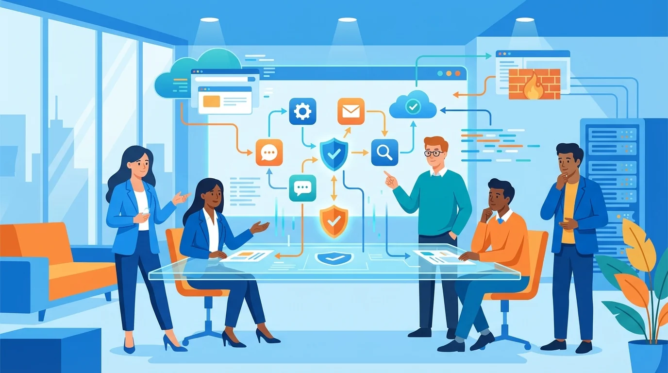 Small business owner reviewing security checklist on laptop with login screen visible in background