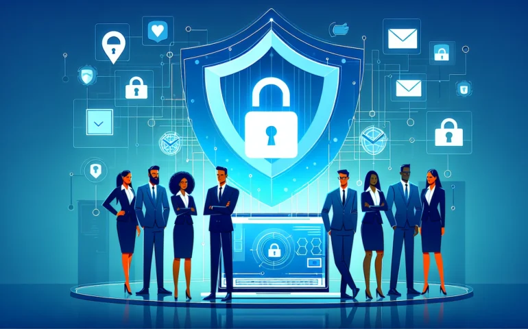 A small business owner reviewing a cybersecurity report on a laptop in a bright office.