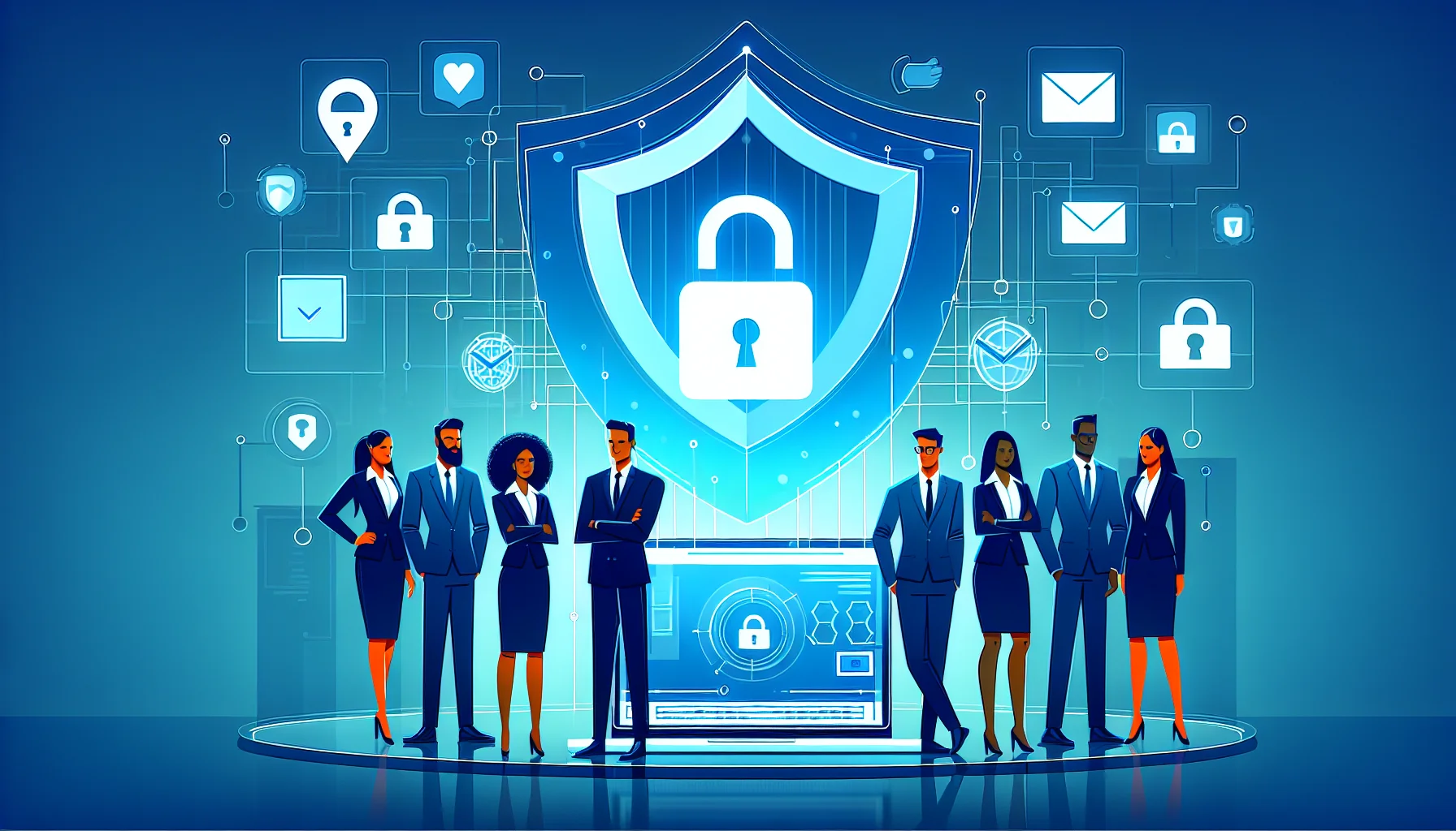 A small business owner reviewing a cybersecurity report on a laptop in a bright office.