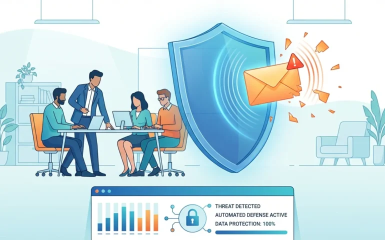 A person looking at a suspicious email on a laptop screen with a Google logo visible on the monitor.