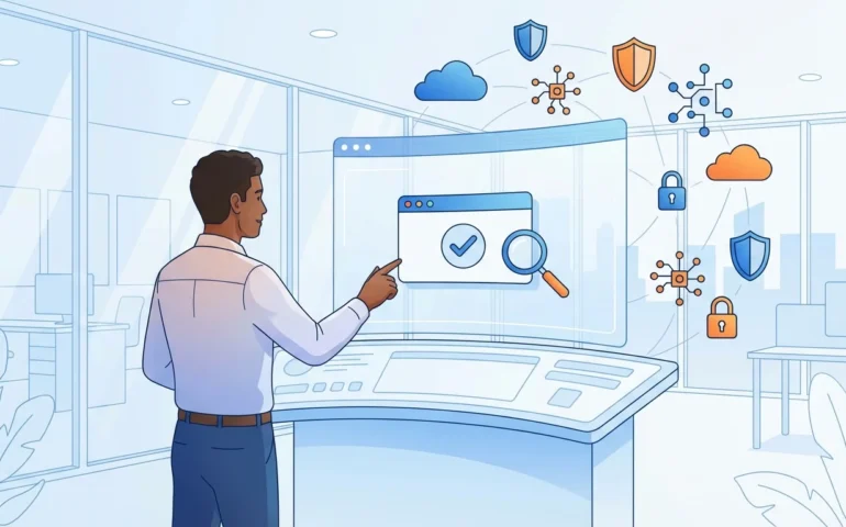 Business owner reviewing SaaS application permissions on laptop screen during security audit