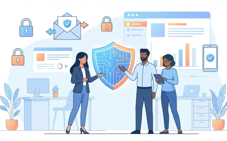 Small business owner reviewing cybersecurity checklist on laptop with team members in background