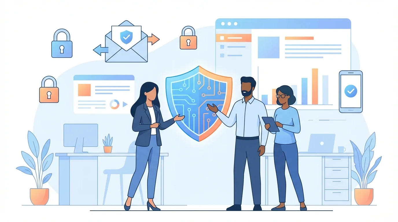 Small business owner reviewing cybersecurity checklist on laptop with team members in background