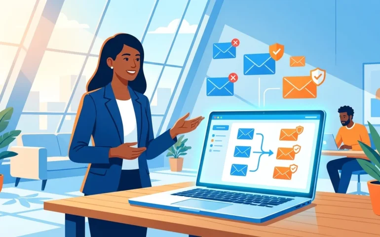 Small business owner setting up automated phishing training on laptop dashboard