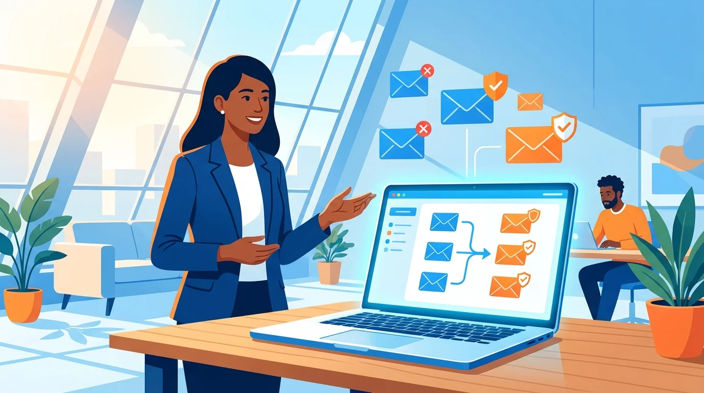 Small business owner setting up automated phishing training on laptop dashboard