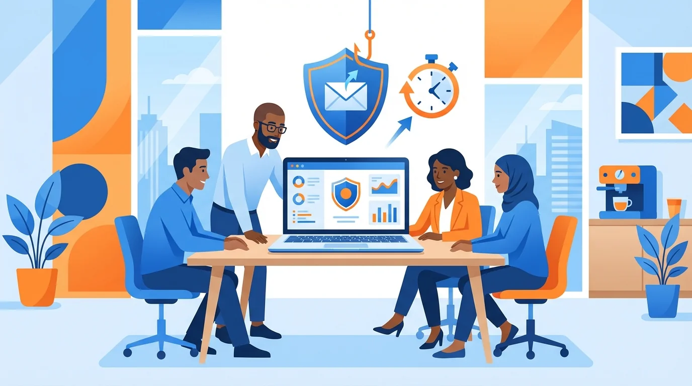 Small business owner setting up automated phishing training on laptop with timer showing 30 minutes