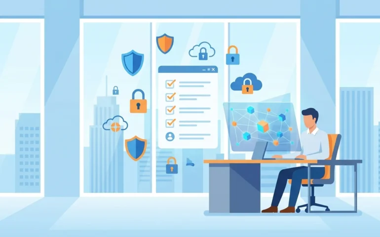 Business owner reviewing SaaS application permissions on laptop screen during security audit