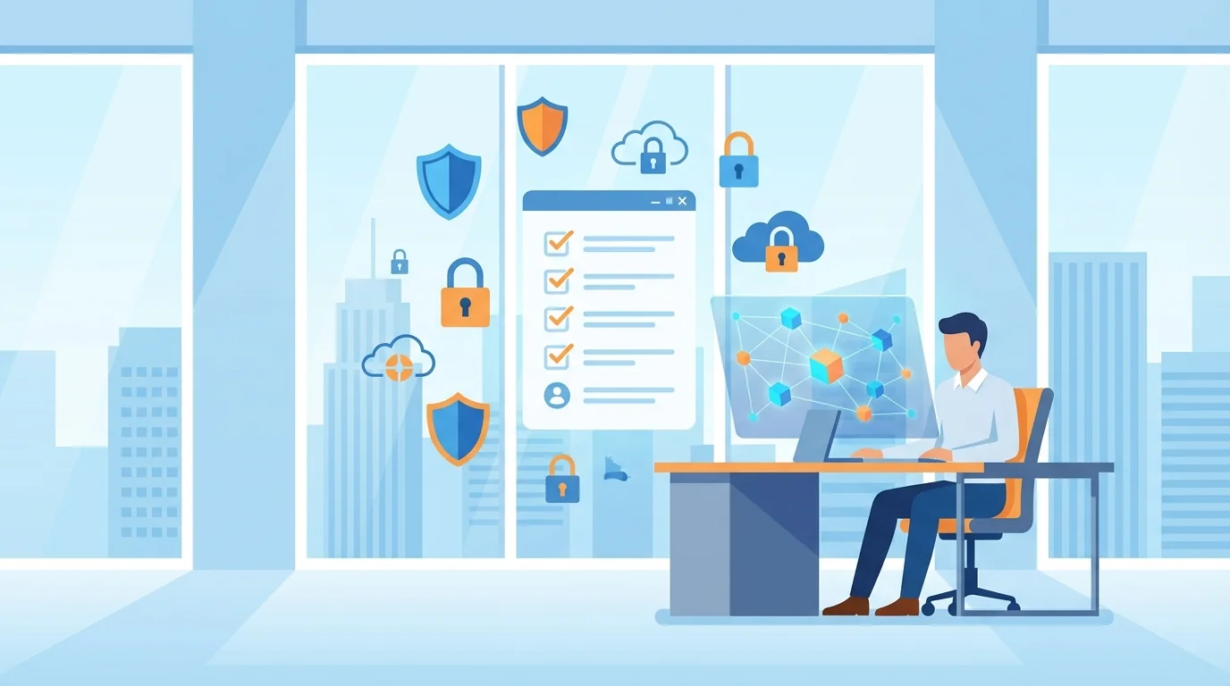 Business owner reviewing SaaS application permissions on laptop screen during security audit