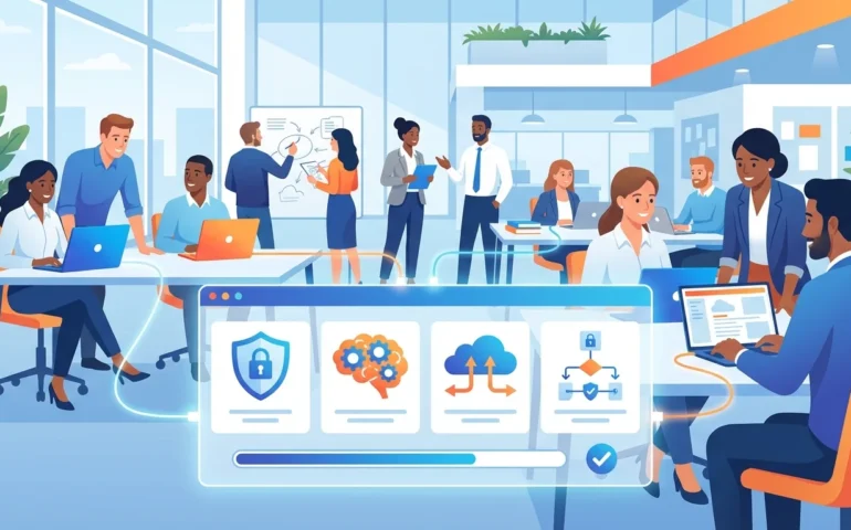 Business owner reviewing AI agent security checklist on laptop with team members in background