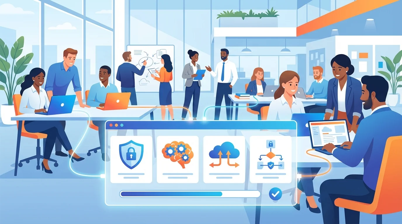 Business owner reviewing AI agent security checklist on laptop with team members in background