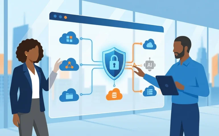 Business owner reviewing SaaS application permissions on laptop with security checklist visible on screen