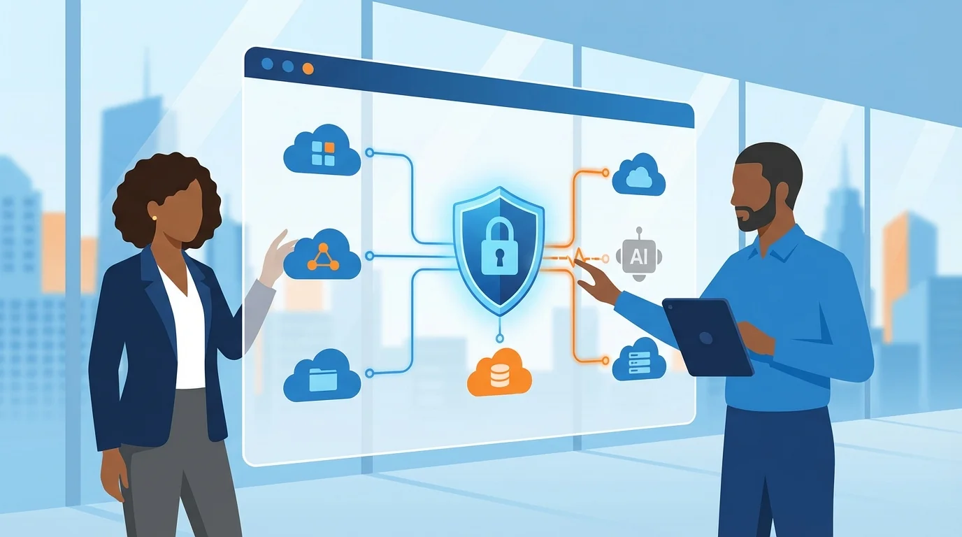 Business owner reviewing SaaS application permissions on laptop with security checklist visible on screen