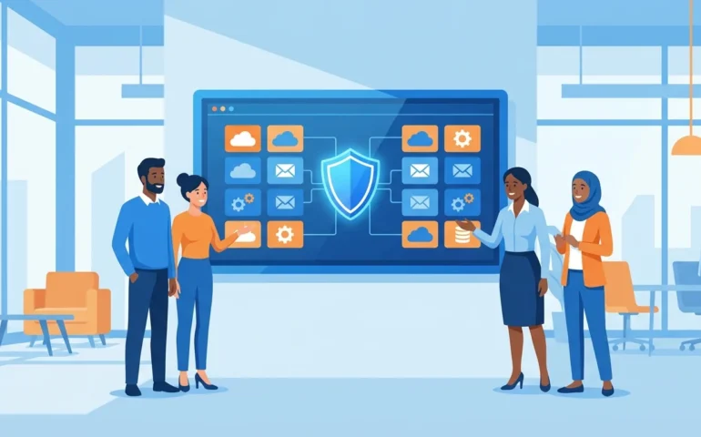 Business owner reviewing security checklist on laptop with team members working in background