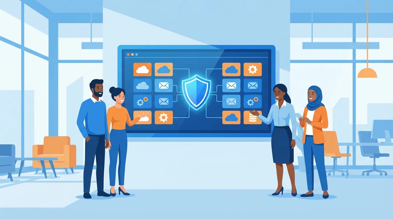 Business owner reviewing security checklist on laptop with team members working in background