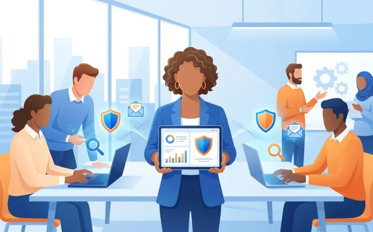 Small business owner reviewing automated phishing training dashboard on laptop computer