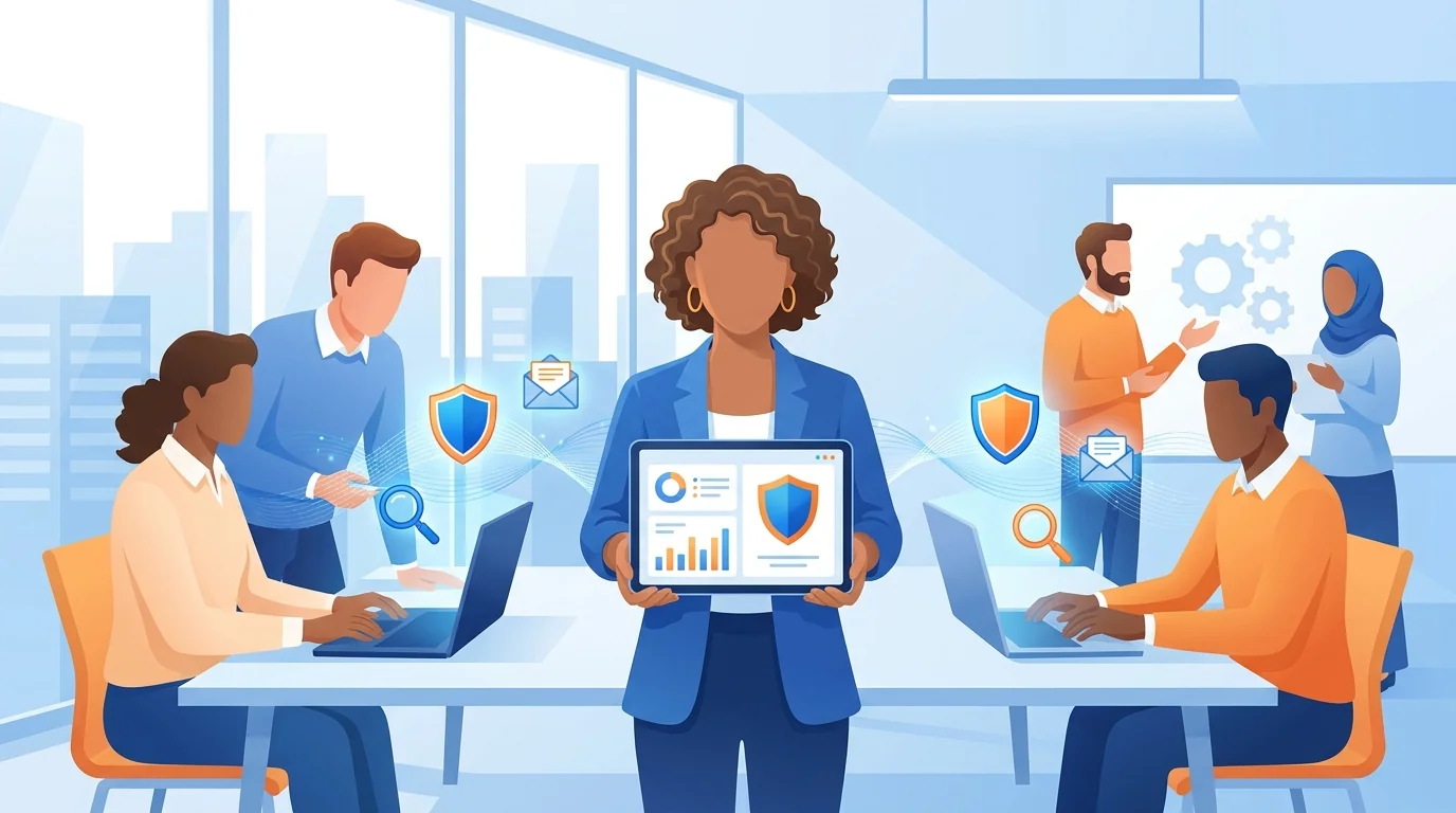 Small business owner reviewing automated phishing training dashboard on laptop computer