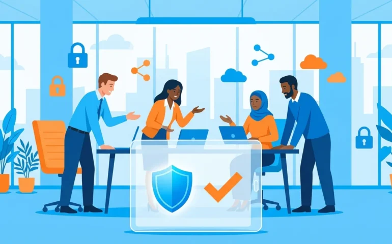 A business owner reviewing an automated security dashboard on a laptop