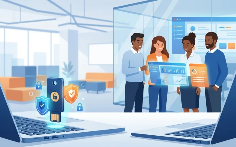 A computer monitor displaying a security checklist next to a keyboard and coffee cup.