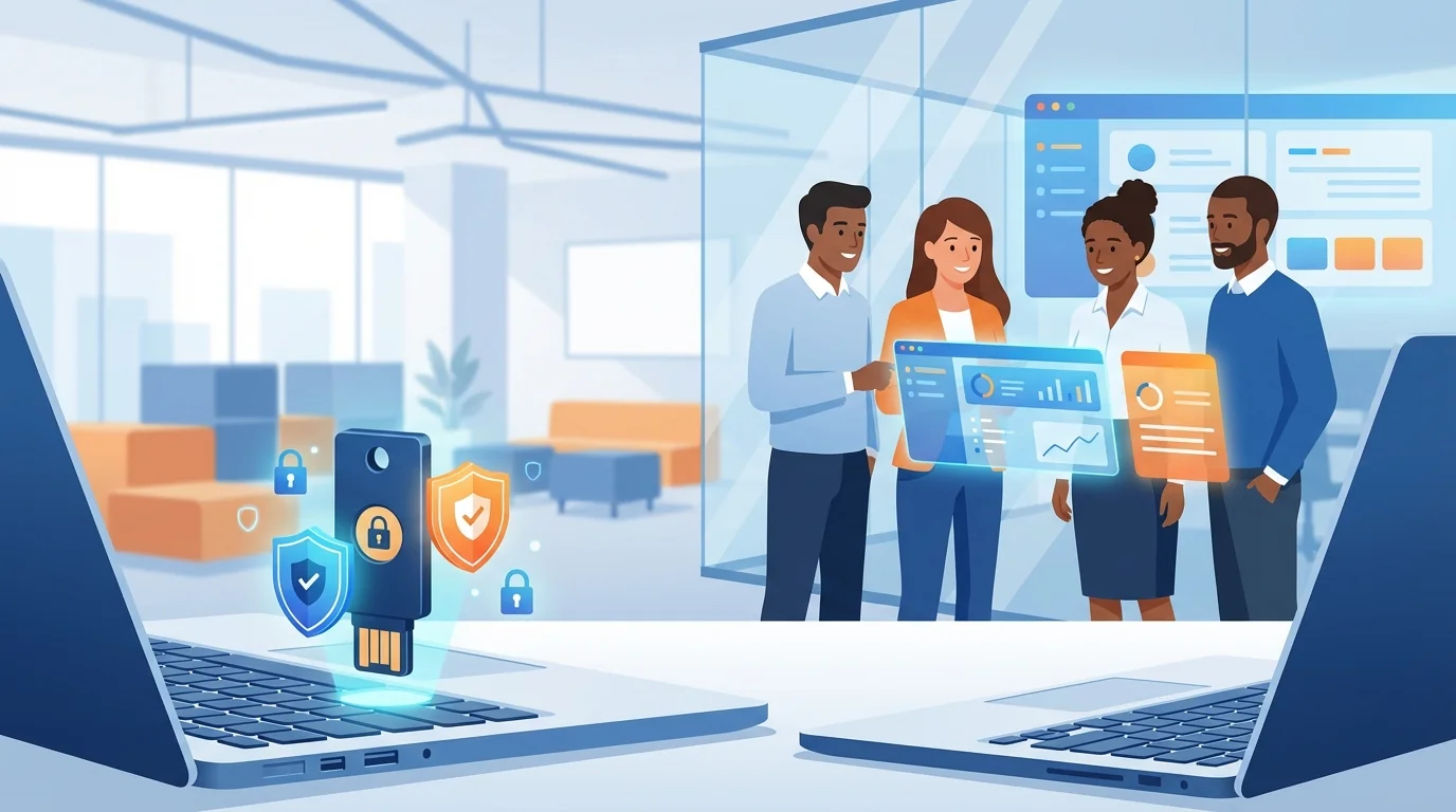A computer monitor displaying a security checklist next to a keyboard and coffee cup.