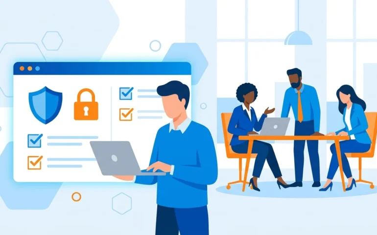 Small business owner reviewing Microsoft Teams security settings on laptop screen