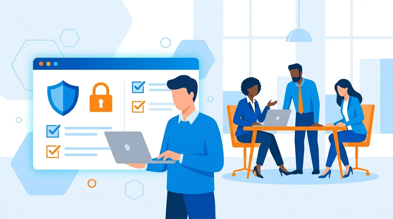 Small business owner reviewing Microsoft Teams security settings on laptop screen