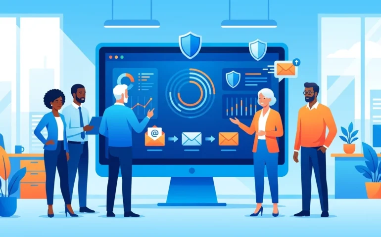 Small business owner setting up phishing training on laptop while employees work in background