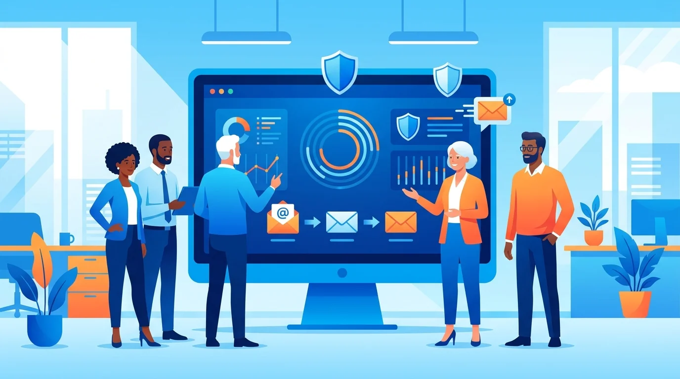 Small business owner setting up phishing training on laptop while employees work in background