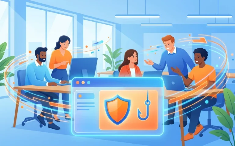 Small business owner reviewing phishing simulation results on laptop dashboard