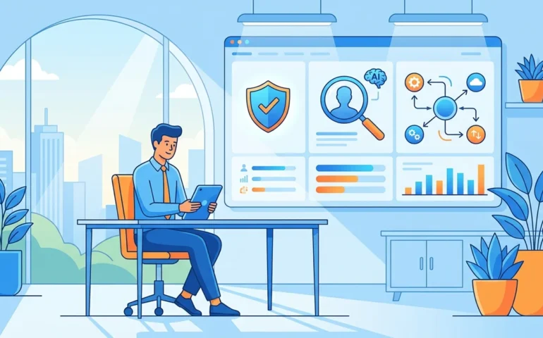 Business owner reviewing AI tool permissions checklist on laptop screen with security icons