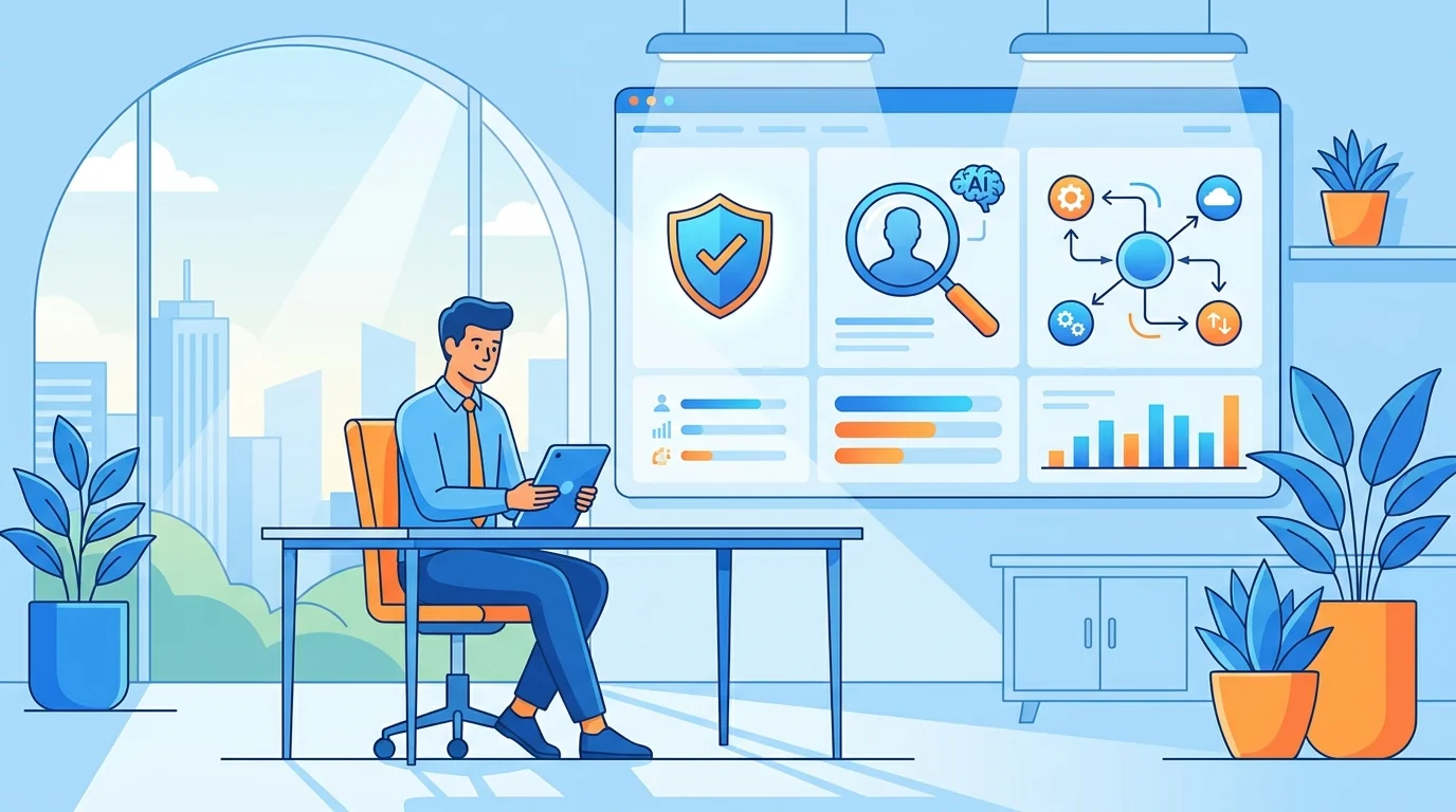 Business owner reviewing AI tool permissions checklist on laptop screen with security icons