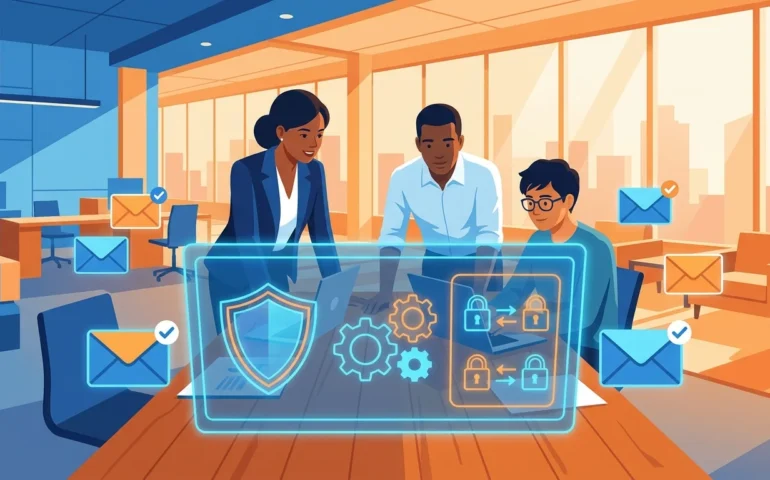 Small business owner reviewing automated phishing simulation dashboard on laptop screen