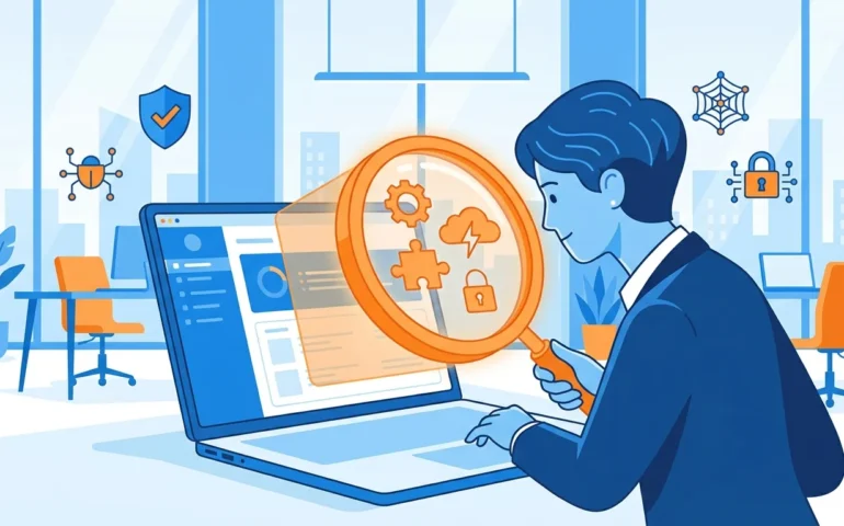 Business owner reviewing checklist of unauthorized software applications on laptop screen