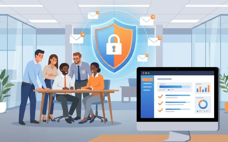 Small business owner reviewing phishing training checklist on laptop with security dashboard visible