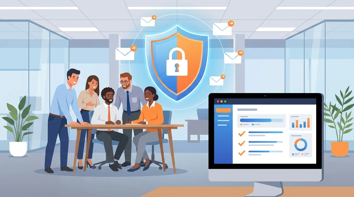 Small business owner reviewing phishing training checklist on laptop with security dashboard visible