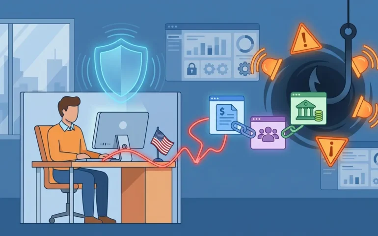 Office worker reviewing payroll software with security lock icons overlaying connected HR applications