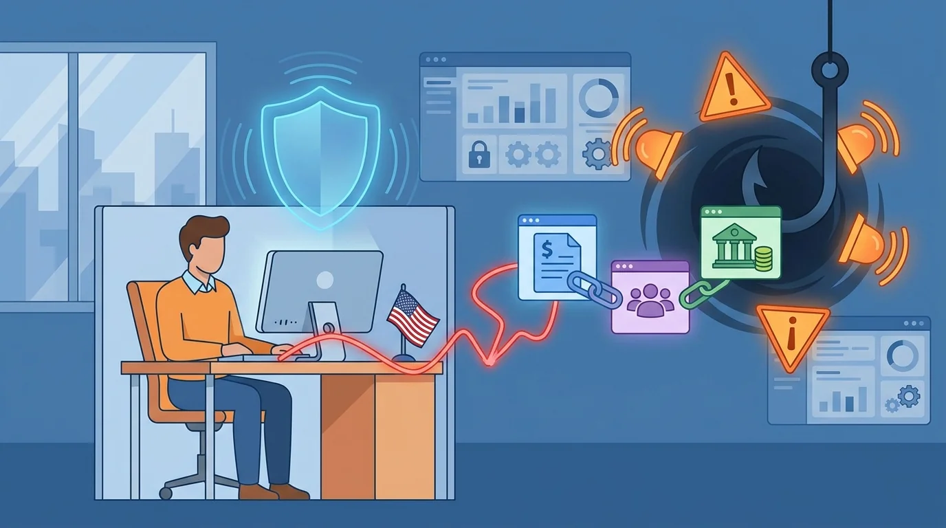 Office worker reviewing payroll software with security lock icons overlaying connected HR applications