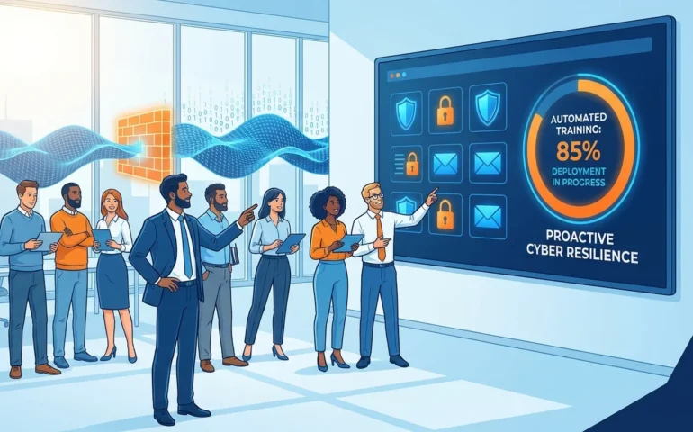 Small business team reviewing phishing training dashboard on computer screen after security incident