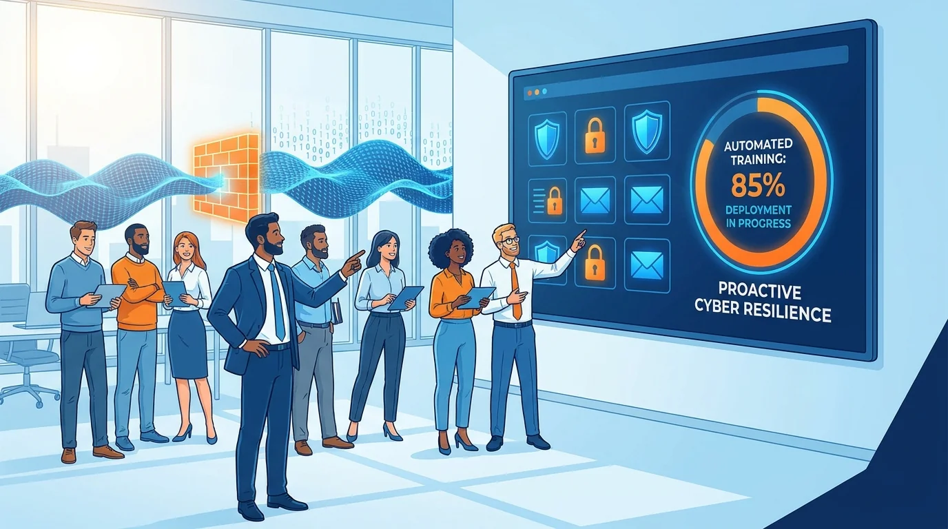 Small business team reviewing phishing training dashboard on computer screen after security incident